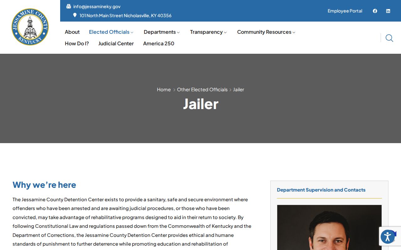 Jessamine County official Jailer page with detention center contact information