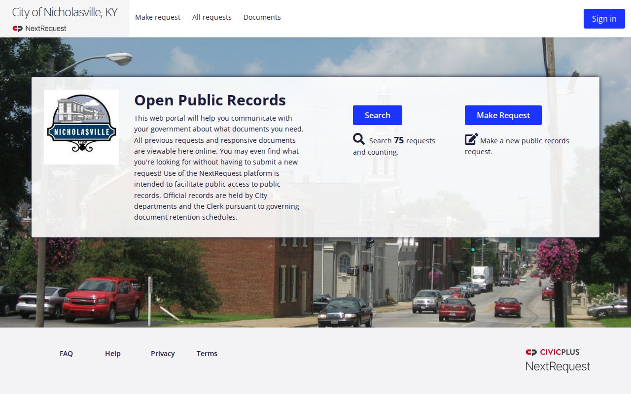 City of Nicholasville NextRequest public records request portal