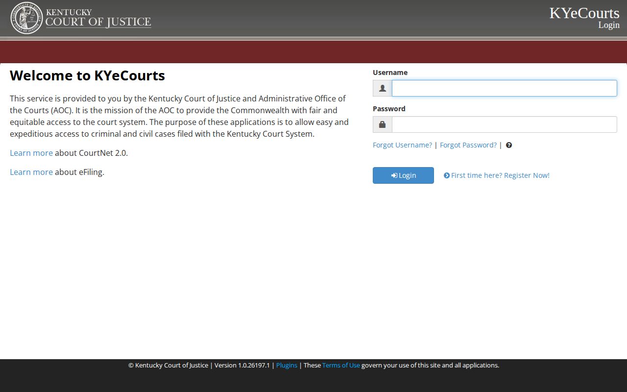 Kentucky Guest CourtNet official court record search interface