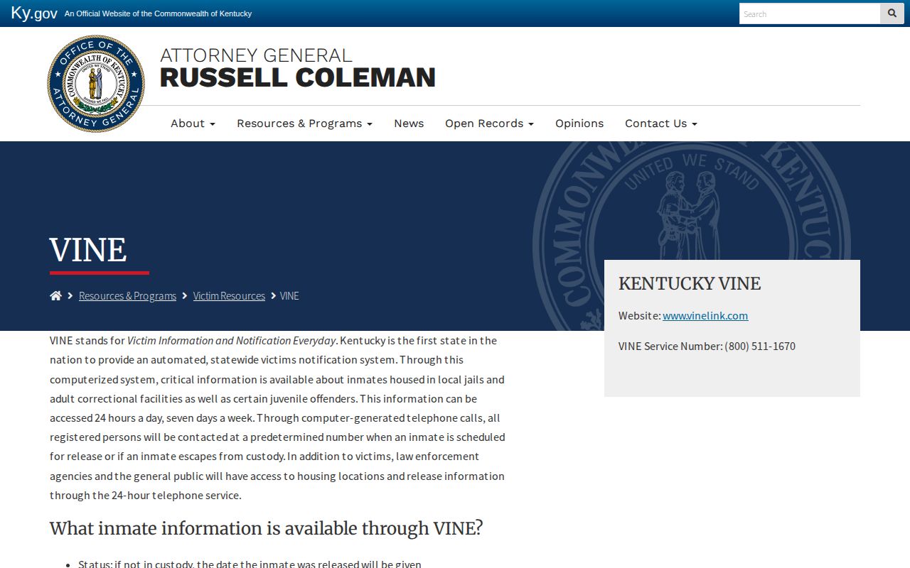 Kentucky Attorney General official VINE victim notification information