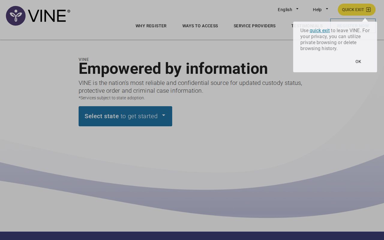 VINELink official custody search interface for selecting a state and locating a record