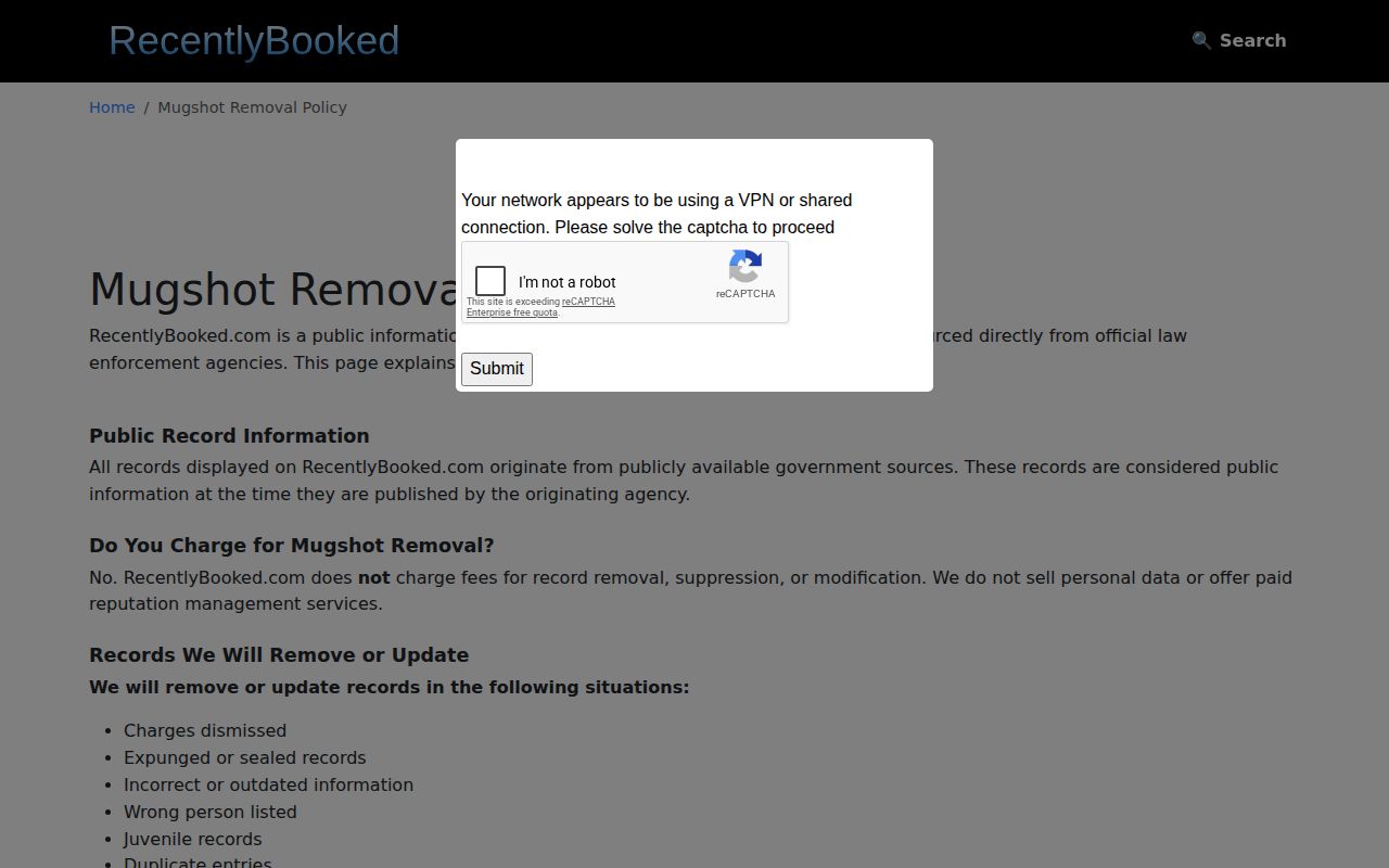 RecentlyBooked free mugshot correction and removal policy